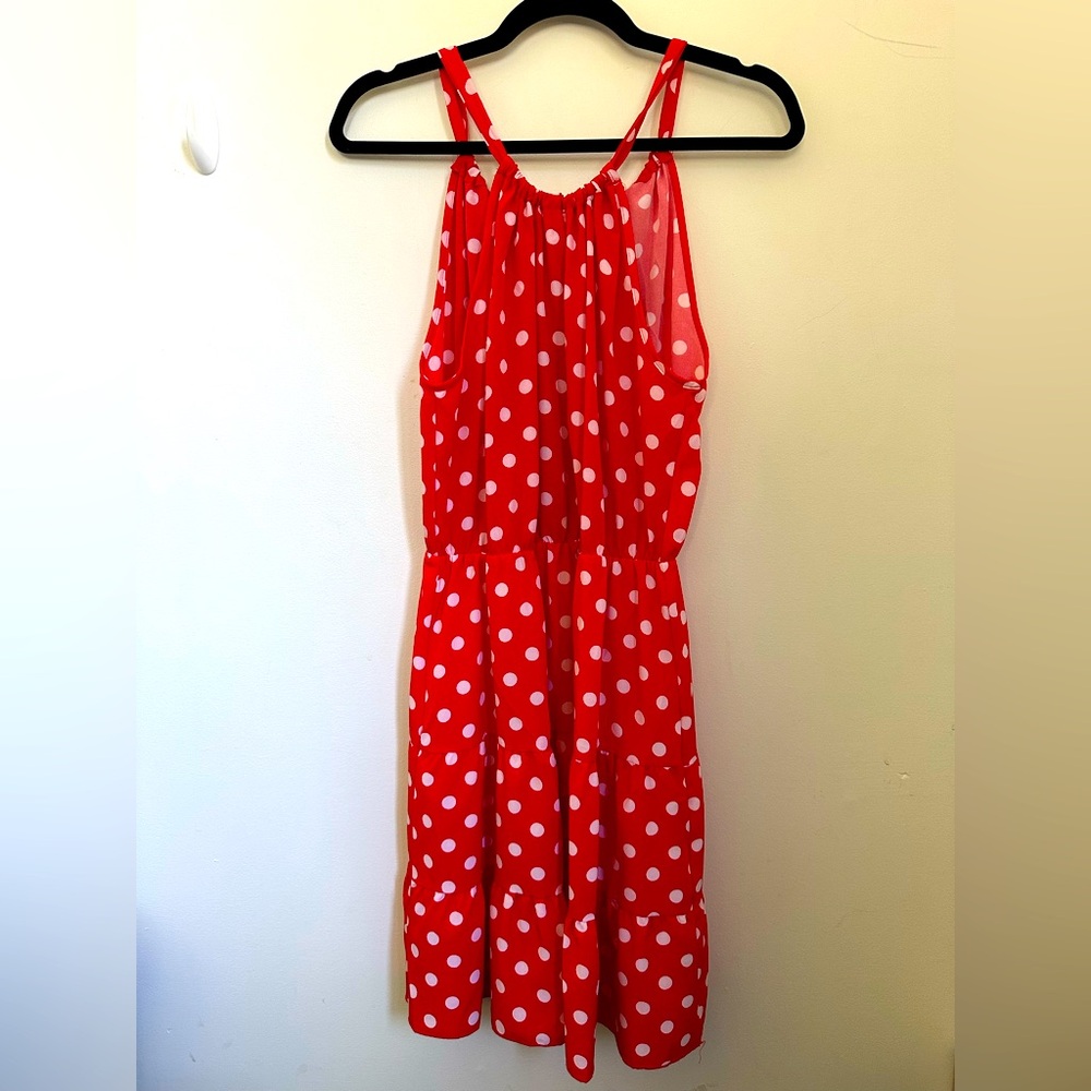 NWT Vibrant Red Halter Dress with White Polka Dots
